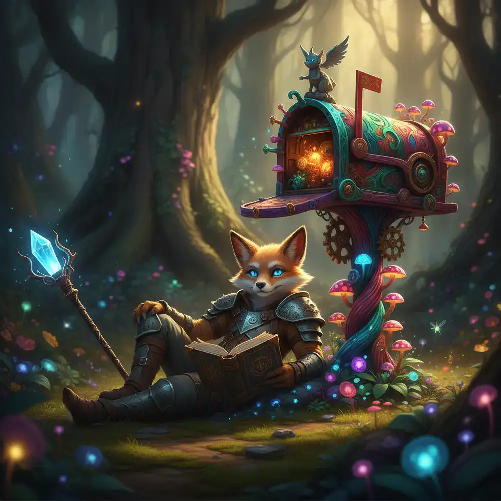 Personagem do jogo descansando ao lado de uma caixa de correio temática e colorida