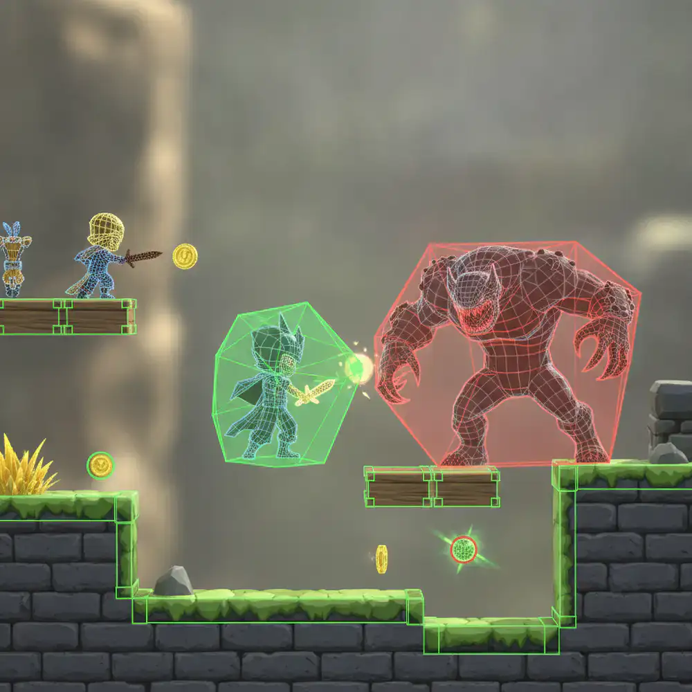 Imagem técnica do jogo mostrando caixas de colisão em verde e vermelho sobre os personagens e plataformas
