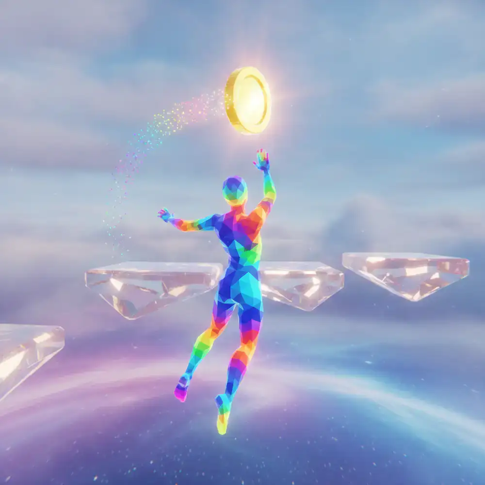 Personagem colorido do jogo pulando em direção a uma moeda brilhante sobre plataformas flutuantes