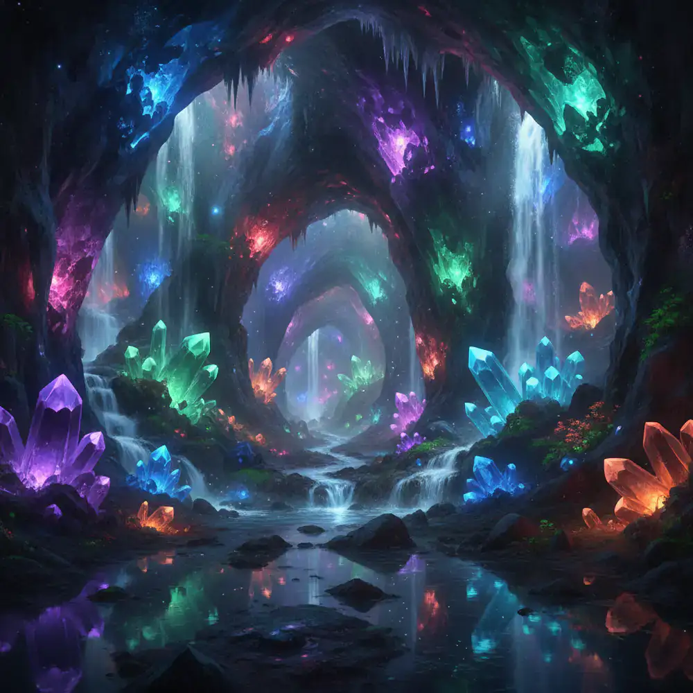 Arte conceitual obscura da fase Caverna de Cristal com detalhes de pedras brilhantes