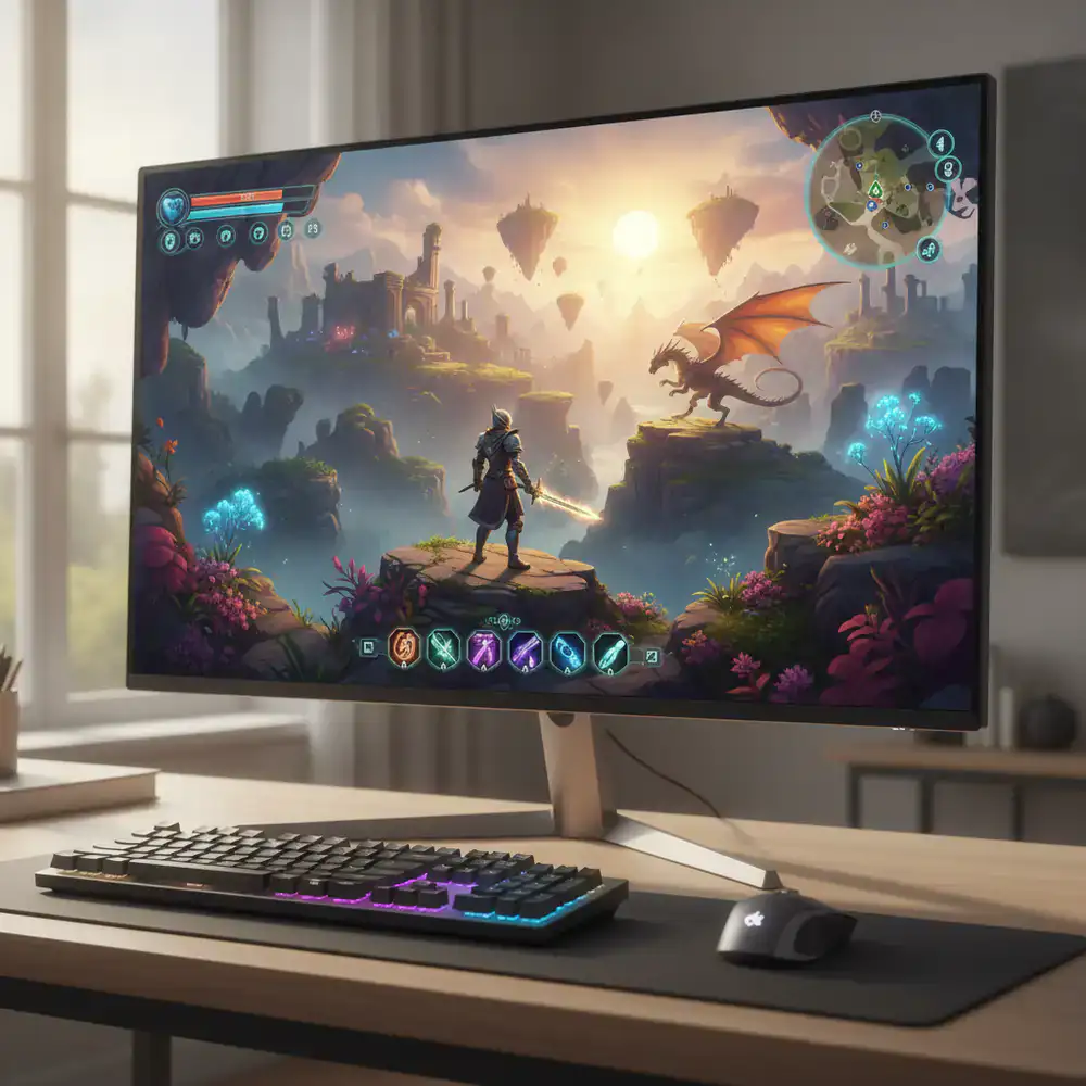 Imagem capturada mostrando a interface e o jogo rodando num monitor de PC